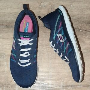 Skechers Women's 9 Flex Appeal Navy Memory Foam Lace Up Sneakers